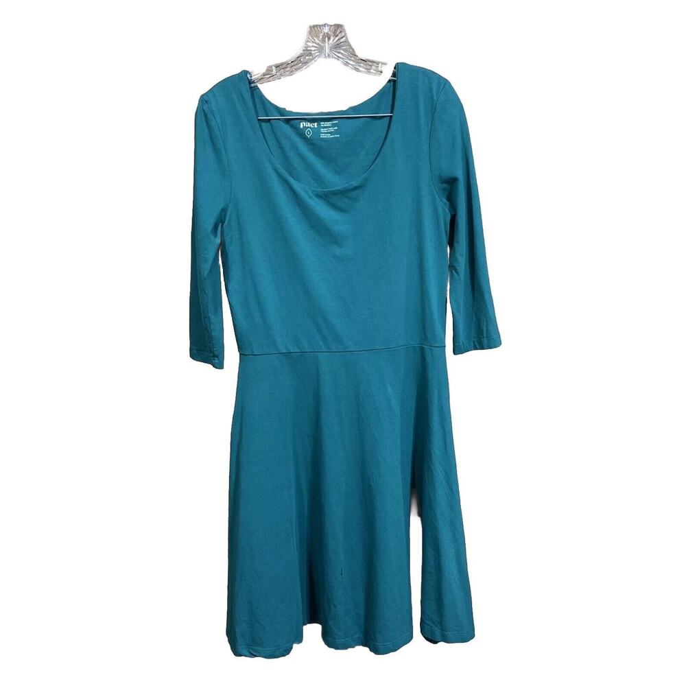 Pact Teal Green Fit and Flare Pockets Organic Cotton 3/4 Sleeve Dress Size Large